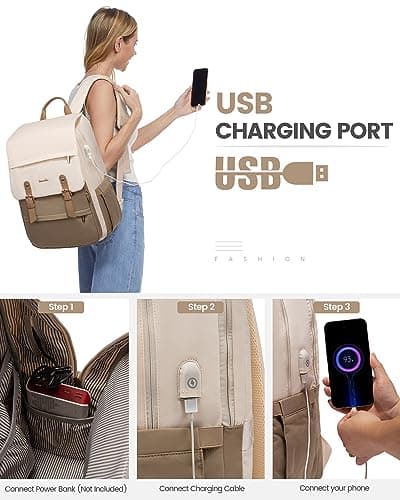 LOVEVOOK Laptop Backpack Women 15.6 inch, Vintage Rucksack Bag for Ladies, Fashion School Bags with USB Charging Port, Casual Work Daypacks for University Teacher College Travel, Beige Khaki — view 5
