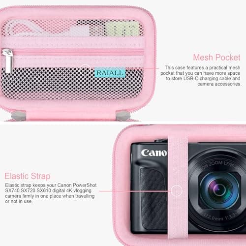 RAIALL Camera Case for Canon PowerShot SX740/ SX730/ SX720/ SX710/ SX620/ SX610 HS Digital Camera, SX740/ SX730 Vlogging Camera Travel Hard Bag, Mesh Pocket for Battery, SD Card and Cable, Pink — view 4