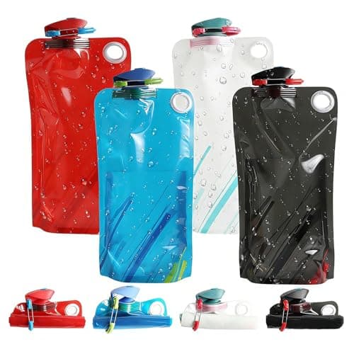 SSJkeji 4-Pack 1000ml Foldable Collapsible Water Bottle – Reusable BPA Free Flexible Drink Pouch with Clip, Leakproof Sports Bottle for Outdoor Travel, Hiking, Biking, Running & Gym