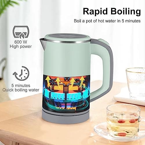 Jalann Travel Kettle, Low Wattage Kettle, 800ml Electric Travel Kettles Small, Fast Boiling, Portable Mini Cordless Camping Kettles Stainless Steel for Caravan, Motorhome, Bedroom, Office (Green) — view 2