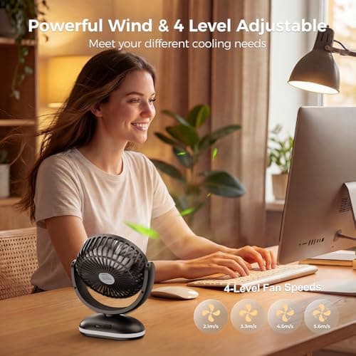 TriPole 4000mAh Rechargeable Desk Fan 31H Runtime, 4 Speed Portable USB Fan with LED Display, Battery Operated Ultra Quiet Table Fans, Head Adjustable for Office, Bedroom, Camping, Travel (Black) — view 2
