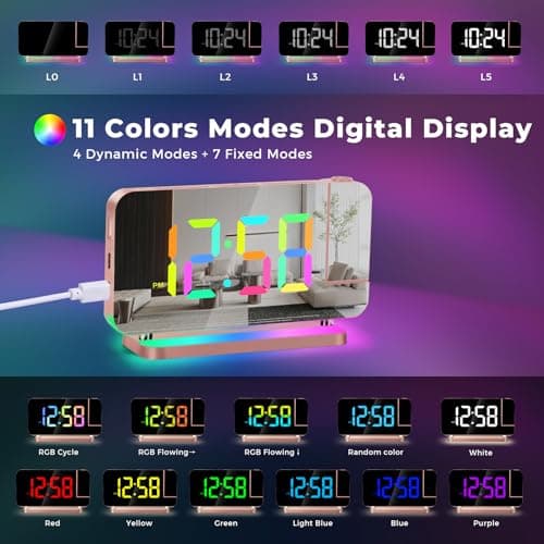 Projection Alarm Clock,7.4"LED Mirror Digital Clocks Large Display,with 180° Rotatable Projector,RGB Night Light,USB C Port,Auto Dimmer,Desk Clock for Heavy Sleeper Bedroom Teens Adults,Girls Decorate — view 2