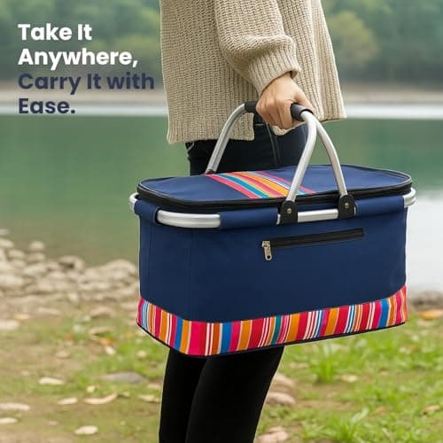 HOMESHOPA 35 Litre Insulated Picnic Basket With Lid, Red Multi Stripe Foldable Thermal Cooler Bag Hard Liner, Upright Standing Box for Outdoor Camping, Travel, Portable & Collapsible Shopping Hamper — view 6