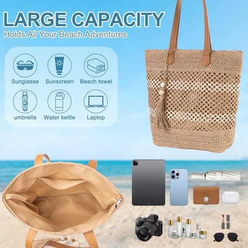 CorkAllin Straw Beach Tote Bag for Women - Woven Raffia Summer Bag, Lightweight Foldable with Zipper Pocket for Travel Picnic Shopping (A-Brown) — view 5