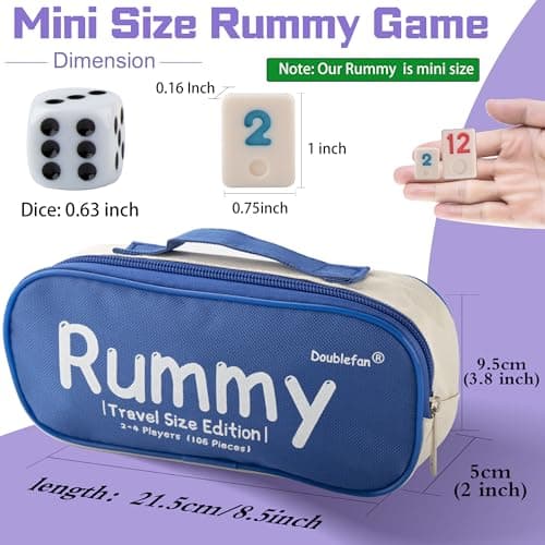Doublefan Mini Rummy Set,Travel Size Rummy Game with Durable Travel Canvas Bag, Classical Rummy Cube Game for Adult and Kids,106 Tiles, 4 Playing Rack, 1 Dice (2-4 Players) — view 2
