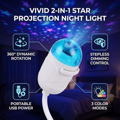 Zunate Star Projector Mini LED Night Light with 3 Projection Slides, 360 Degree Rotation, USB Powered, Stepless Dimmable, Adjustable Brightness Wall Lamp for Kids Bedroom, Camping, and — view 5