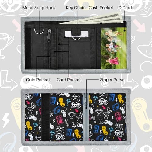 CenviaLuxy Boys Wallet for Teenagers, Trifold Kids Wallet for Boys with Lanyard and Carabiner, Coin Pocket, Card Holder, Keychain Holder, Zipper Kids Purse for Teen Boys Birthday Gifts (Game Console) — view 2