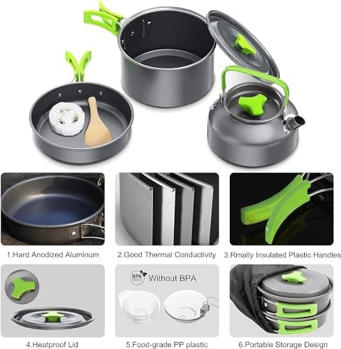 DWD® 0.8/1.2L Camp Kettle Camping Cookware Set Cooking Mess Kit Portable Backpacking Hiking Trekking Picnic Fishing Mountaineering Aluminum Camping Pots Pans Kettle Nylon Storage Bag for 2-3 People — view 5