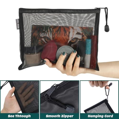 GINOYA 6 Pack Mesh Toiletry Bags, Nylon Zip Pouches, Black, Travel Pouches — view 2