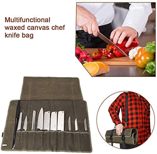 QEES Chefs Knife Roll Bag 11 Slots, Heavy Duty Waxed Canvas Knife Bag, Waterproof Knife Case for Camping, Hiking, Multi-function Tool Roll Bag (Army green) — view 5