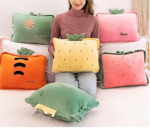 Rikyo 15" Stuffed Fruit Travel Blanket and Pillow Set, 3 in 1 Plush Hugging with Warming Hands Blanket for Kids Gift Travel Airplane Train Bed Office Nap (Cactus - Green) — view 4