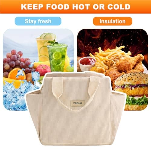 LoNinLoAn Corduroy Lunch Bag for Women, Large Insulated Food Tote, 13.5L — view 5