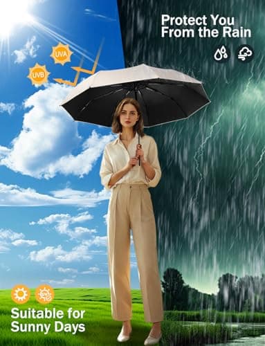 SoulRain Strong Windproof Travel Umbrella with Wooden Handle, Automatic Open Close Compact Folding for Rain & Sun UV Protection, Lightweight Durable Portable for Car, Backpack, Women & Men(Beige) — view 4
