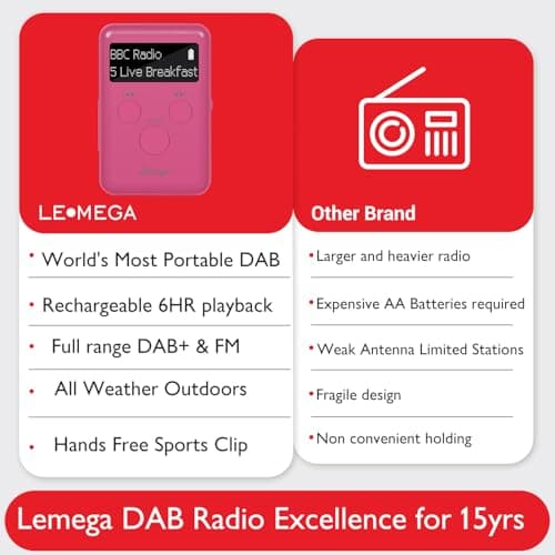 LEMEGA MINI GO DAB Pocket Digital Radio,Rechargeable,Earphones Incl,Pink — view 6