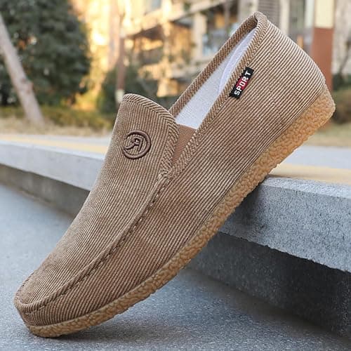 Mens Wide Fit Loafers Slip On Casual Single Shoes Embroidered Textured Rubber Outsole Deck Sneakers Breathable Lightweight Soft Sole Comfortable Trainers for Travel Walking,Khaki, Size 8 — view 4