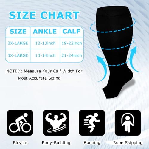 UZSUZZ Plus Size Compression Socks for Women Men, 2 Pairs 15-20 mmHg Graduated Compression Support Stockings, Wide Calf Open Toe Knee High Stockings for Running Flying Pregnancy Nurse Travel Edema — view 6