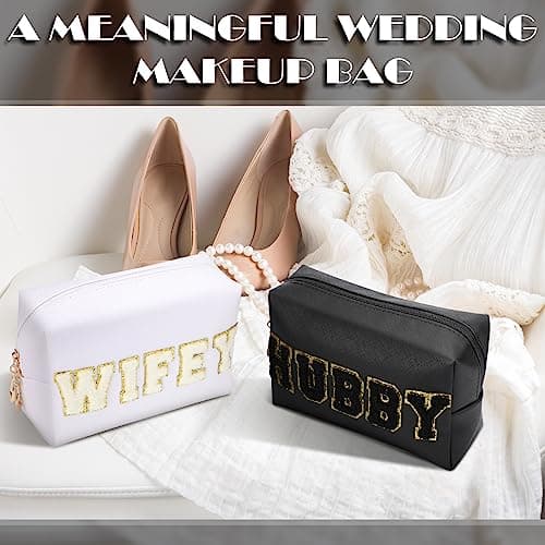 Pinkunn 2 Pcs Wifey Hubby Makeup Bag Bride Patch Cosmetic Bag Mrs Travel Toiletry Purse White Letter PU Leather Waterproof Pouch Wedding Bridal Shower Honeymoon Gift for Women Party Organizer — view 6