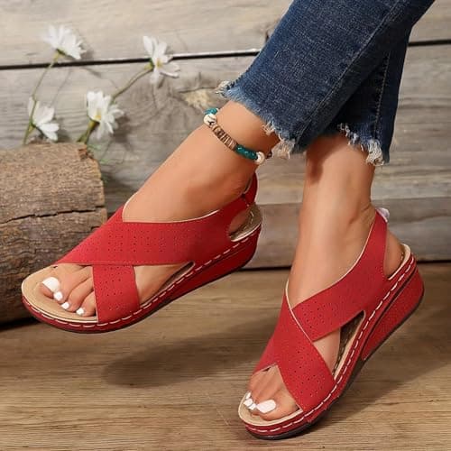 Generisch Sandals for Women Plantar Fasciitis Comfortable Wedge Heel Open Toe Ankle Strap Wide Fit Padded Walking Sandals with Arch Support, red, 8 UK — view 3