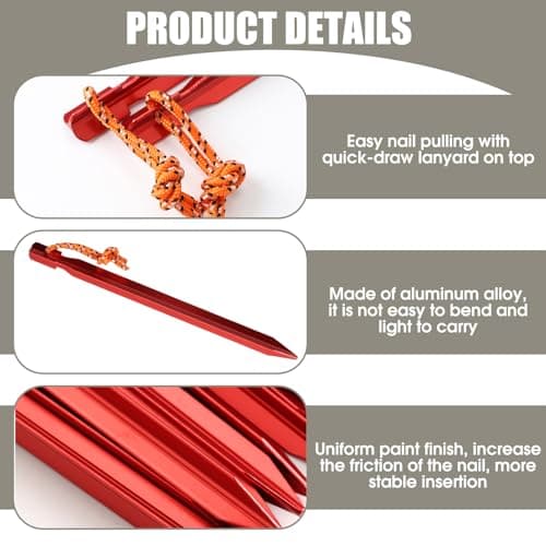 Aluminium Tent Pegs Heavy Duty, 20 Pack Red Camping Ground Pegs with Reflective Ropes and Carry Bag, 18cm Metal Tent Stakes, for Beach Hiking Tarps Hammock Outdoor Use — view 3