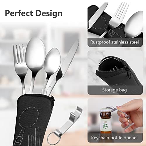 Vicloon Cutlery Set with Portable Pouch Case, 5PCS Stainless Steel Flatware Set with Bottle Opener, Travel Cutlery Set Spoon Knife and Fork for Camping Picnic Office School Lunch (Black) — view 3