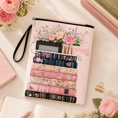 Floral Book Sleeve Pouch, Washable Fabric Cloth Book Cover Bag with Zipper and Extra Pocket, Portable Notebook Protector for Kindle, Textbook, Gift for Reading Lovers Women Friend — view 3