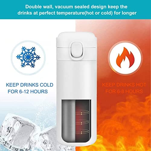 YINJAM 450ML Travel Mug Reusable Coffee Cup Insulated Thermal Mug Stainless Steel Leakproof Flask Tumbler for Hot Cold Drinks (White) — view 5