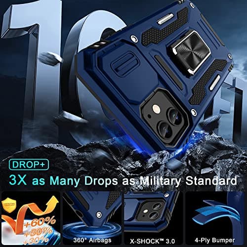 DEERLAMN for iPhone 12 Case,iPhone 12 Pro Case with Slide Camera Cover+Screen Protector(2 Packs),Rotated Ring Kickstand Military Grade Shockproof Protective Cover-Navy Blue — view 4