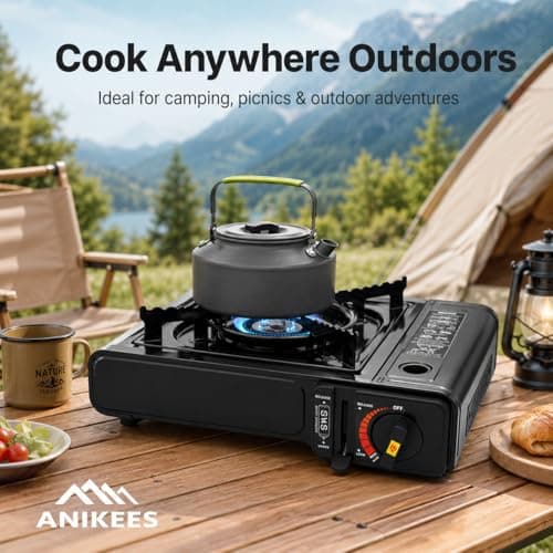 ANIKEES Portable Camping Stove with Carry Case, EN417 Compatible Gas Cooker, Automatic Ignition & Adjustable Heat, Compact Butane Stove for Camping, Fishing, Hiking & Outdoor Cooking — view 3