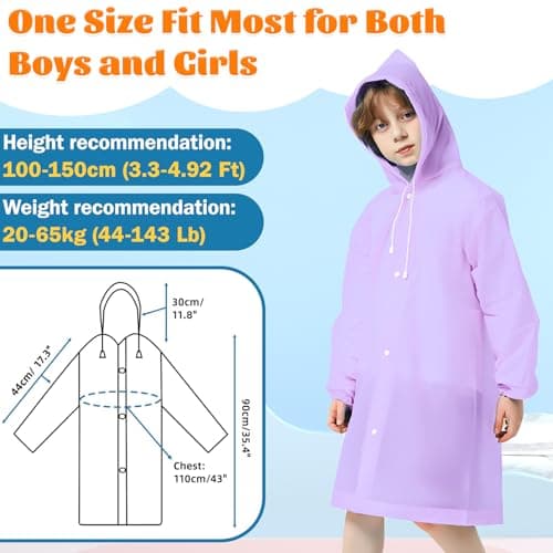 WOHSEROM 2 Pack Rain Ponchos for Kids Reusable,Thickened EVA Travel Raincoat Jacket with Hoods and Sleeves,Lightweight Light Purple Capes Ponchos for Boys and Girls Outdoor Camping Travel — view 2