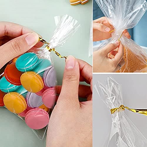 120 Pcs Clear OPP Treat Bags 10 x 15 cm with Gold Twist Ties — view 3