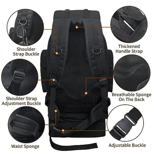 Vaupan 70L/100L Hiking Backpack with USB Charging Port, Expandable Large Military Tactical Backpack, Waterproof MOLLE Rucksack Travel Backpacking Pack for Camping Climbing (Black) — view 4