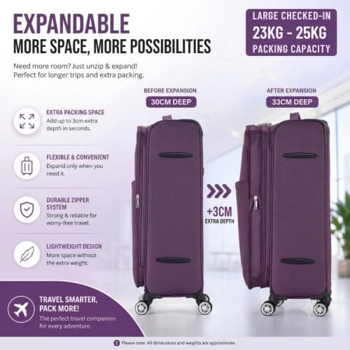 DK Luggage Ultra Lightweight Only 3.3kg Large 28 Inch Soft Shell Suitcase, 4 Wheel Spinner Checked Luggage 23kg–25kg Capacity, Expandable Travel Case (WLS Purple, Large) — view 4