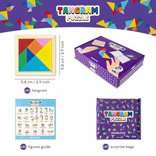 BONNYCO Tangram Puzzles for Kids 30 Pack, Party Bag Fillers for Kids Unisex. Party Favours Toys, Gifts Students from Teachers. Pinata Fillers, Return Gifts Birthday. Mini Puzzles, Classroom Prizes — view 2