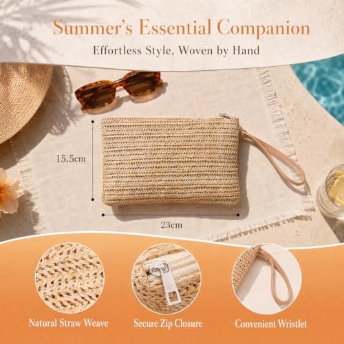 Dooaqiin Bohemian Straw Bags for Women UK, Woven Raffia Clutch Purse with Zipper Wristlet, Summer Beach Handbag for Vacation, Travel and Daily Use, Khaki — view 2