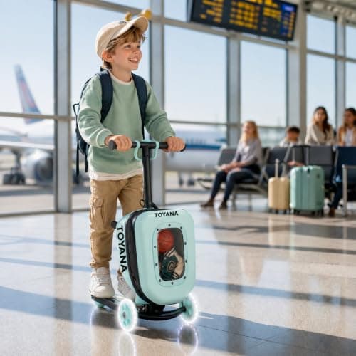 TOYANA 3-in-1 Suitcase Scooter for Kids, Foldable Ride-on Luggage Scooter, Aeroplane Carry-on Cabin Bag with LED Light-Up Wheels & Height Adjustable Handle for Toddlers 2-5 Years Boys & Girls - Mint — view 2