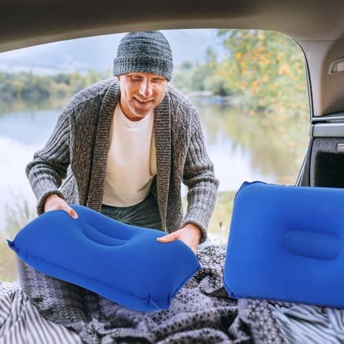 Geelin 20 Pack Inflatable Pillows for Camping Travel Beach Vacation Sand Squared Flocked Soft Fabric Backpacking Ultralight Pillows for Office Sleeping Neck Head Lumbar Support (Blue) — view 5