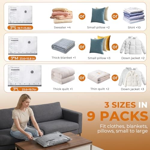 9 Pack Vacuum Bags with Wireless Electric Air Pump, Reusable Space Saver Compression Bags for Clothes, Travel Storage Organizer for Sweaters Shirts Bedding, 3 Sizes for Luggage, Backpack and Suitcase — view 2