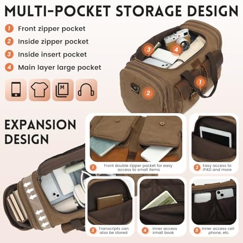 Imyth 60L Large Capacity Leather Duffle Bag - Classic Vintage Expandable Canvas Weekend and Overnight Travel Bag, Airplane Carry-On Luggage（Coffee） — view 5