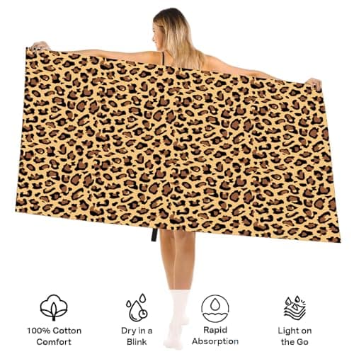 Large Quick Dry Microfibre Beach Bath Towel for Adult,Double Sides Brown Spots Leopard Sand Free Beach Towel with Bag,Lightweight Gym Yoga Sports Towel,Compact Travel Summer Beach Towel for Women Men — view 3
