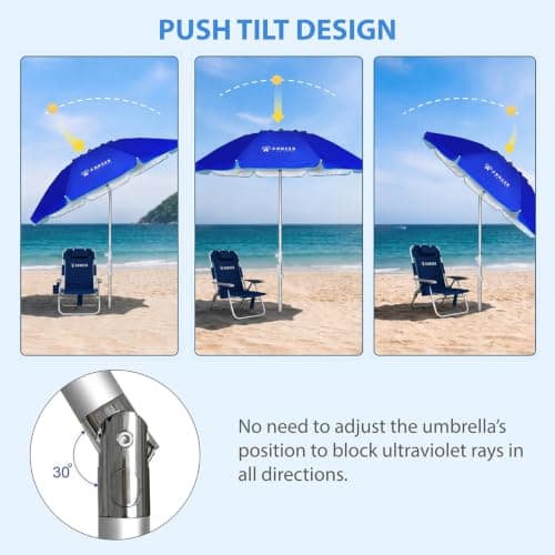 AMMSUN 6.5ft Twice Folded Portable Beach Umbrella with Sand Anchor Windproof,Push Button Tilt and Air Vent UV 50+ Protection Fits in a Large Suitcase for Patio Garden Beach Pool Backyard Blue — view 3