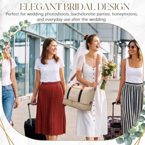 Eccliy 2 Pcs Bride Travel Bag Set Bridal Shower Gifts Shoulder Weekender Duffel Bag with Shoe Compartment and Makeup Pouch for Honeymoon Wedding Bachelorette Engagement Gifts — view 3
