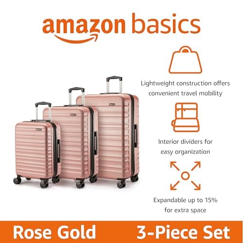 Amazon Basics Hard Shell Luggage Set (Small + Medium + Large) - Expandable ABS Travel Luggage with 4 Double Spinner Wheels - Scratch Resistant and Lightweight Construction - Rose Gold — view 2