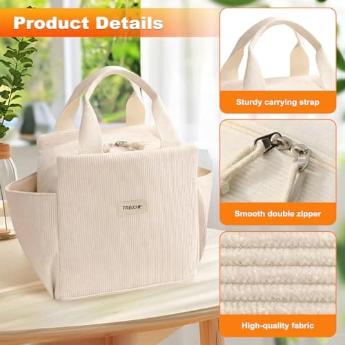 LoNinLoAn Corduroy Lunch Bag for Women, Large Insulated Food Tote, 13.5L — view 2