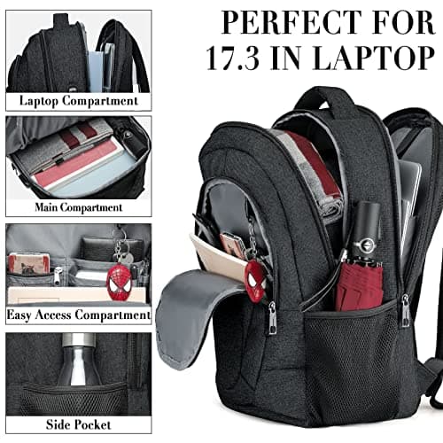 BIKROD Laptop Backpack, School Backpack for Boys Water Resistant School Bag with USB Charging Port, Business Anti Theft Durable Laptop Bag 17.3Inch, Black — view 2