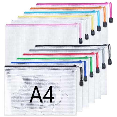 A4 Plastic Wallets 12 Pcs Zip Lock Bags Document Wallet File Folders Plastic Pockets with Zipper for School Office Homework Travel,Puzzles Cosmetics Cross Stitch and Games Storage