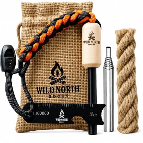 Wild North Goods Fire Starter Kit - Ferro Rod, Striker, Tinder Rope, Bellow & Bag - Survival Gear for Camping, Bushcraft, Hiking & Emergency Use (15,000+ Strikes)