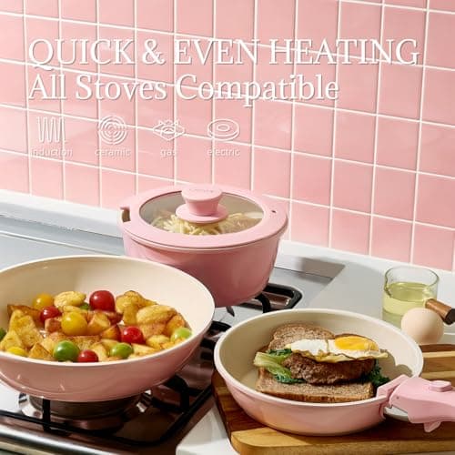 COICUR Ceramic Cookware Set Non Stick 8Pcs Pots and Pans Set Removable Handle Induction Kitchen Cookware Set with Frying Pans Oven Safe, Light Pink — view 5