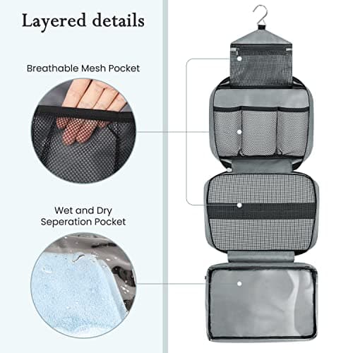 Maliton Hanging Toiletry Bag, Waterproof Foldable Wash Bag (Grey) — view 5