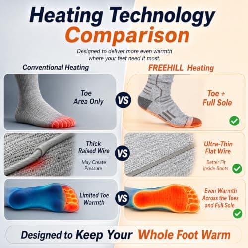 FREEHILL Merino Wool Rechargeable Heated Socks, Full Sole Heating, Grey, XL — view 4