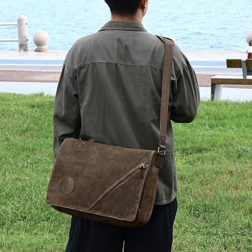 Eshow 14 Inch Messenger Bags for Men Women, Water-Resistant Canvas Shoulder Bag with Multi Pockets, Reliable Commuter Laptop Briefcase for Daily Travel, Brown — view 2
